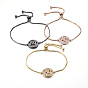 Adjustable Brass Micro Pave Cubic Zirconia Bolo Bracelets, Slider Bracelets, Flat Round with Ohm