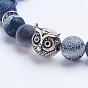 Natural Weathered Agate Beaded Stretch Bracelets, with Alloy Spacer Beads, Owl, Antique Silver