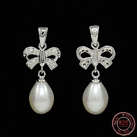 Bowknot and Teardrop 925 Sterling Silver Pearl Pendants, with Micro Pave Cubic Zirconia, 27x12x7mm, Hole: 5x3mm