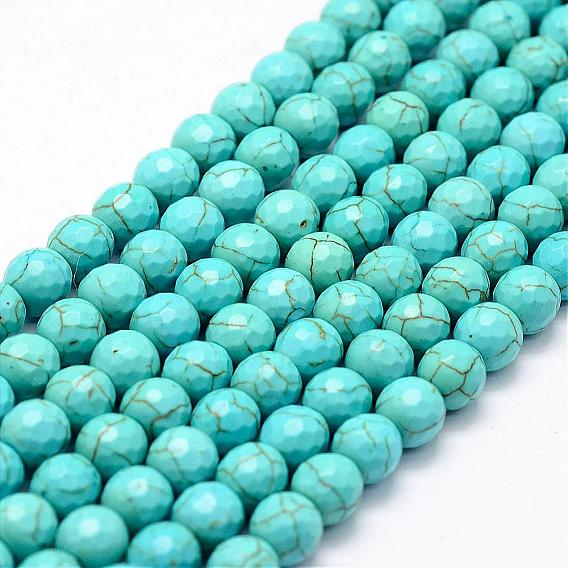 Faceted Synthetical Turquoise Beads Strands, Round, Dyed