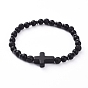 Unisex Gemstone Stretch Bracelets, with Cross Synthetic Turquoise(Dyed) Beads, Frosted Natural Black Agate(Dyed) Beads and Non-Magnetic Synthetic Hematite Beads