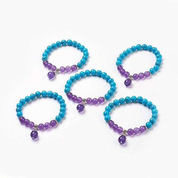 Gemstone Charm Bracelets, with Alloy Findings, Round