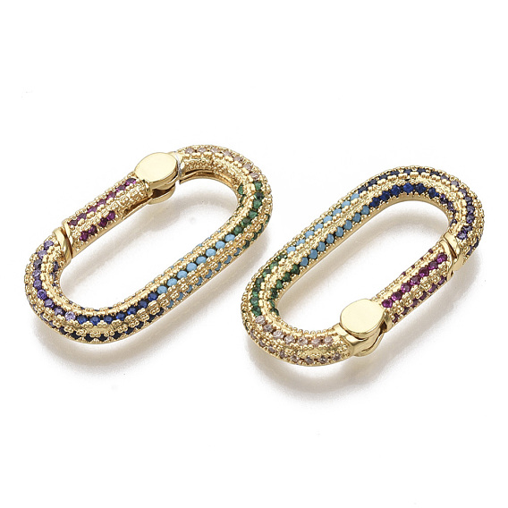 Brass Micro Pave Cubic Zirconia Spring Gate Rings, Nickel Free, Oval, Colorful