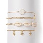4Pcs 4 Style Natural Shell Beaded Anklets Set, Brass Starfish Charms Anklets with Paperclip Chains for Women