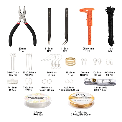 Conjuntos de herramientas de joyería que hace, incluyendo alicates, cinta métrica, vernier, anillos de latón, pinzas, cuerda de nylon, alambre de cobre, hilo elástico, cierres de aleación y fornituras de hierro