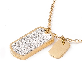 Crystal Rhinestone Rectangle Tag Pendant Necklace, Ion Plating(IP) 304 Stainless Steel Jewelry for Women