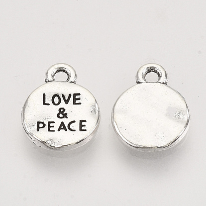 Tibetan Style Alloy Pendants, Cadmium Free & Nickel Free & Lead Free, Flat Round with Word Love & Peace