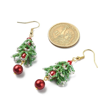 MIYUKI Delica Beaded Christmas Tree with Glass Pearl Dangle Earrings, 304 Stainless Steel Long Drop Earrings