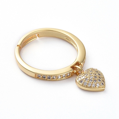 Adjustable Brass Micro Pave Cubic Zirconia Finger Rings, with Heart Charms