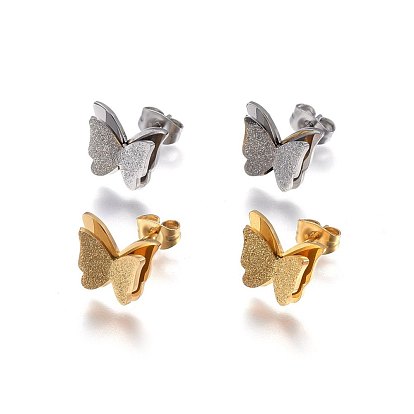 304 Stainless Steel Stud Earrings, Hypoallergenic Earrings, Textured, Butterfly