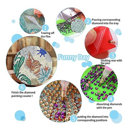 DIY Marine Animal Theme Diamond Painting Wood Cup Mat Kits, Including Coster Holder, Resin Rhinestones, Diamond Sticky Pen, Tray Plate and Glue Clay