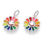 925 Sterling Silver Enamel Charms, with Jump Ring, Flower with Smile