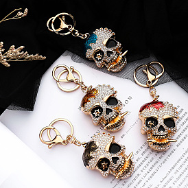 Alloy Rhinestone Pendant Keychain, with Alloy Key Rings and Lobster Claw Clasps, Long-Lasting Plated, Skull