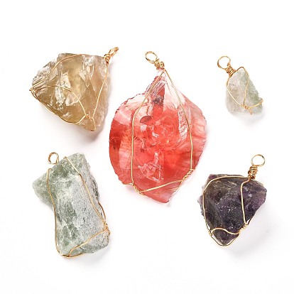 Natural Mixed Gemstone Pendants, with Real 18K Gold Plated Eco-Friendly Copper Wire, Nuggets