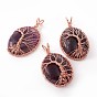 Gemstone Big Pendants, with Rose Gold Plated Brass Findings, Oval with Tree of Life