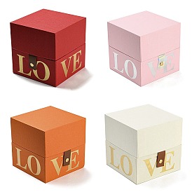 Square Love Print Cardboard Paper Gift Box, Wedding Candy Totes with Imitation Leather Handle