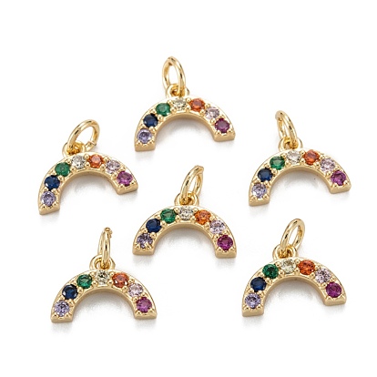 Brass Colourful Cubic Zirconia Charms, with Jump Ring, Long-Lasting Plated, Lead Free & Cadmium Free, Rainbow