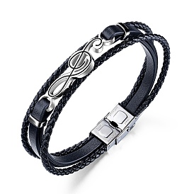 Leather Braided Cords Triple Layer Multi-strand Bracelet, Stainless Steel Musical Note Link Bracelet for Men