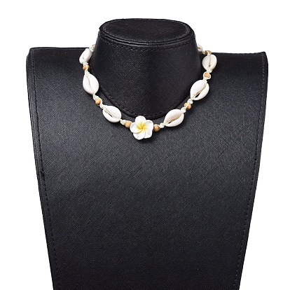Colliers de perles tressées en fil de nylon ajustables, avec des perles de cauris, perles de bois et pâte polymère 3 d perles de plumeria fleur