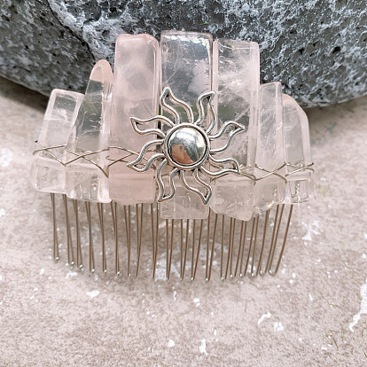 Natural Rose Quartz Hair Combs, with Metal Finding, for Women Girls, Sun