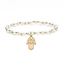 Glass Pearl Beaded Stretch Bracelet with 304 Stainless Steel Hamsa Hand Charm for Women