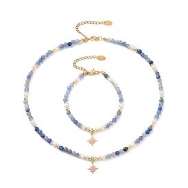 Bracelet et collier à breloques étoile en laiton, ensemble de bijoux de chaînes de perles d'aventurine bleue naturelle et de perle pour les femmes