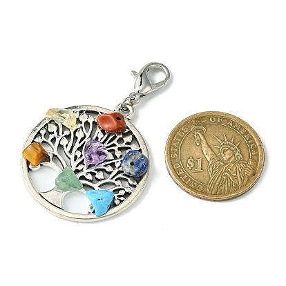 Tibetan Style Alloy Pendant Decorations, with Natural Chakra Mixed Gemstone Chips and Lobster Claw Clasps, Flat Round with Tree of Life
