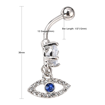 Evil Eye Drop Belly Button Rings for Women, 316 Surgical Stainless Steel Rhinestone Navel Rings, Belly Piercing Jewelry, Light Sapphire