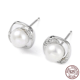 Sauqre en zircone cubique avec boucles d'oreilles en perles naturelles, 925 boucles d'oreilles en argent sterling pour femmes