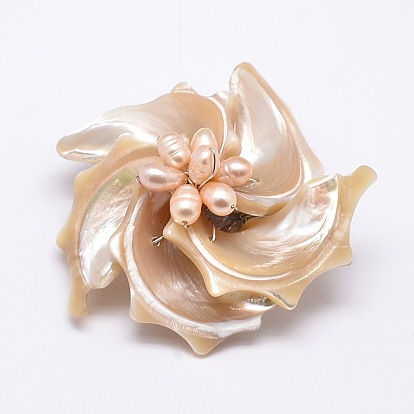 Dual-use Items, Natural White Shell Mother of Pearl Shell Flower Pendants/Brooches, with Platinum Plated Brass Findings and Shell Pearl, 51~56x54~62x22mm, Hole: 4~5x6~7mm