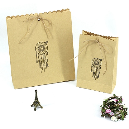 Rectangle Paper Gift Bags, Packaging Pouches with Woven Web/Net with Feather