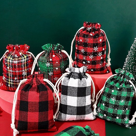 Arpillera temática navideña mochilas de cuerdas, bolsas rectangulares de tartán para suministros de fiesta de navidad