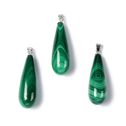 Natural Malachite Pendants, Teardrop Charms, with Silver Plated 925 Sterling Snap on Bails