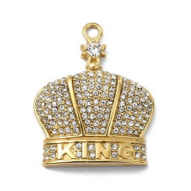 304 Stainless Steel Pendants,  with Rhinestone, Crown Charms with Word King