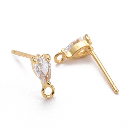 Brass Rhinestone Stud Earring Findings, with Loop, Teardrop, Golden