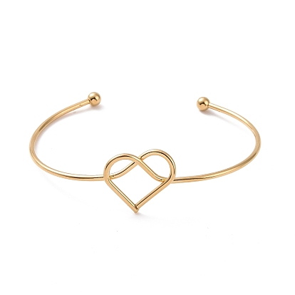 201 Stainless Steel Wire Wrap Heart Open Cuff Bangle, Torque Bangle for Women