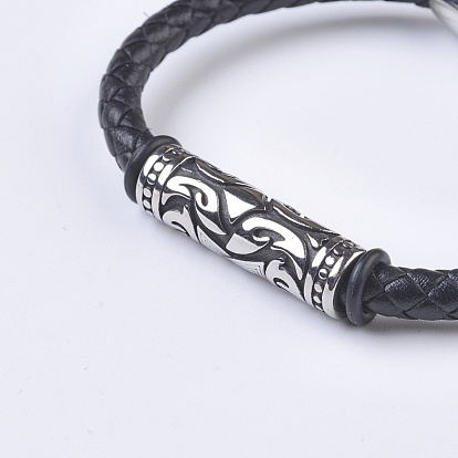 Men's Braided Leather Cord Bracelets, with 304 Stainless Steel Findings and Magnetic Clasps, Tube