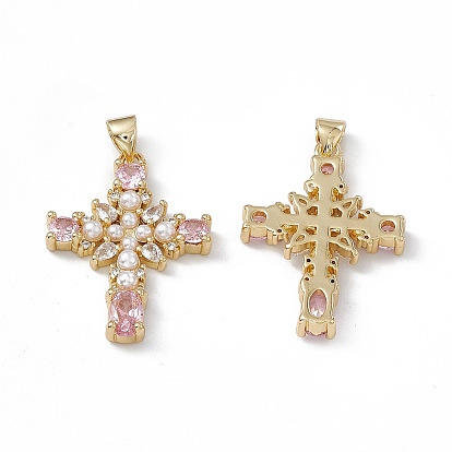 Rack Plating Brass Micro Pave Cubic Zirconia Pendants, with Plastic Imitation Pearl, Cadmium Free & Lead Free, Long-Lasting Plated, Real 18K Gold Plated, Religion Cross Charm