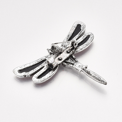 Shell Brooches/Pendants, with Alloy Findings and Resin Bottom, Rhinestone, Dragonfly, Antique Silver