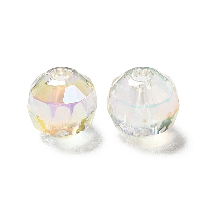 UV Plating Rainbow Iridescent Transparent Acrylic Beads, Two Tone, Faceted, Round