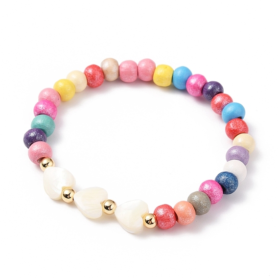 Stretch Kids Bracelets, with Natural Trochid Shell/Trochus Shell Heart Beads, Round Wood Beads and Real 18K Gold Plated Brass Beads