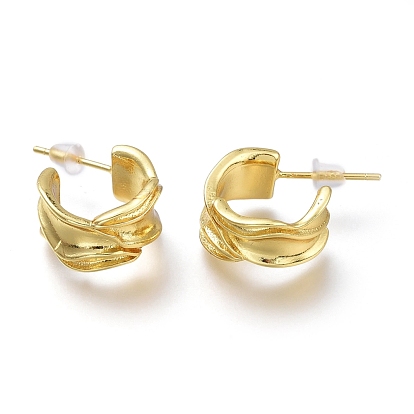 Brass Half Hoop Earrings, with Steel Pin and Plastic Ear Nuts, Long-Lasting Plated, Textured