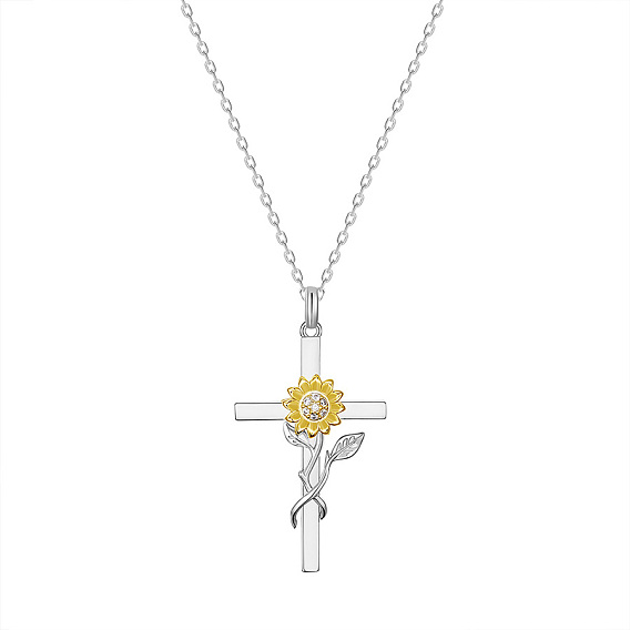 SHEGRACE Brass Pendant Necklaces, with Grade AAA Cubic Zirconia, Cross with Sunflower, Clear