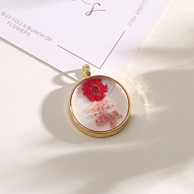 Inner Dried Flower Resin Pendants, with Alloy Finding, Flat Round Charm