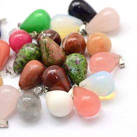 Teardrop Gemstone Pendants, with Platinum Tone Brass Findings, 21~24x12~14mm, Hole: 2x7mm