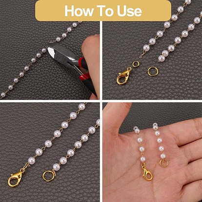 Chaîne perlée imitation perle en plastique, avec chaînes forçat en laiton plaqué or, soudé, avec bobine, pour la fabrication de bijoux