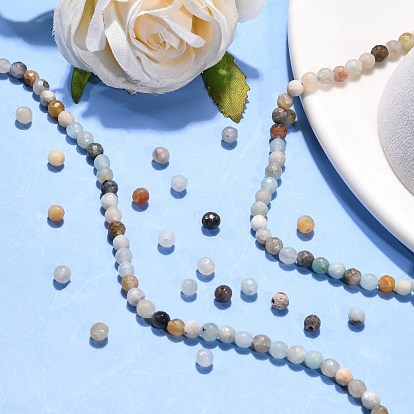 Natural Flower Amazonite Beads Strands, Faceted, Round, 4mm, Hole: 1mm, about 90pcs/strand, 15.35 inch