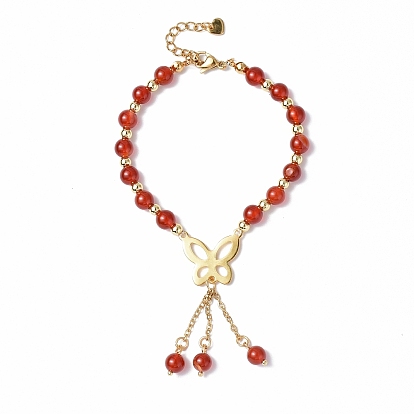 Gemstone & Glass Beaded Bracelets, 304 Stainless Steel Butterfly with Tassel Chain Charm Bracelets for Women