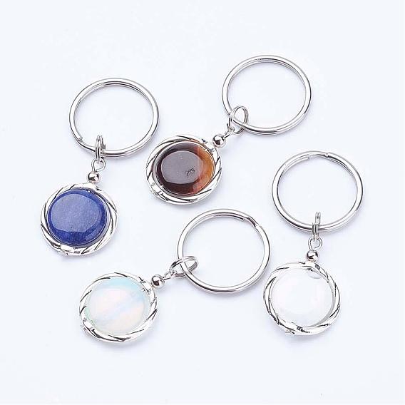 Gemstone Keychain, with Alloy Linking Rings and 316 Surgical Stainless Steel Findings, Flat Round