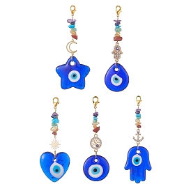 Evil Eye Lampwork Pandant Decorations, with Alloy Rhinestone Links and Stainless Steel Lobster Claw Clasps, Gemstone Chip Bead